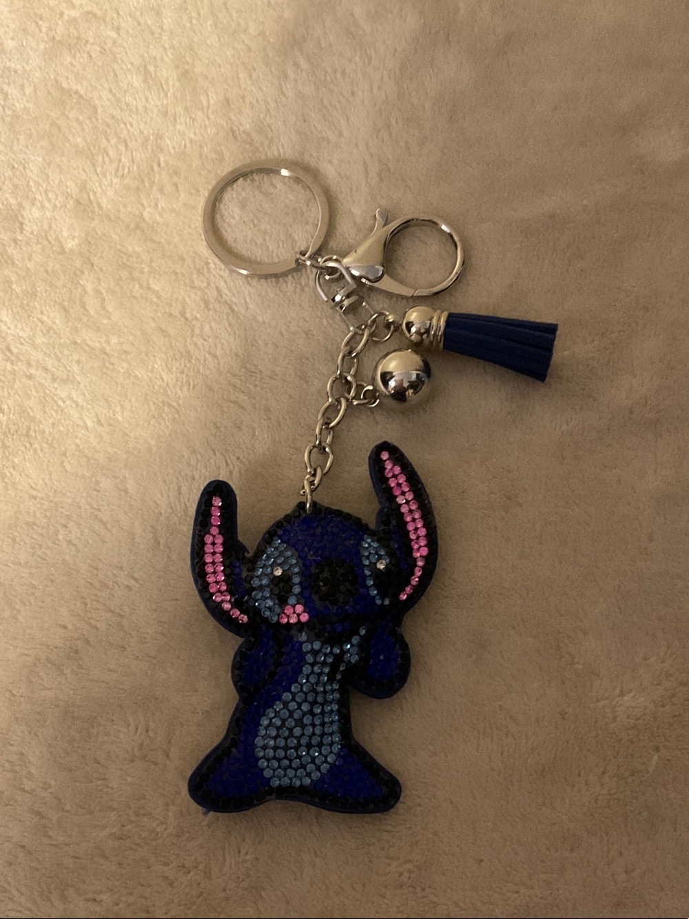 Blue Sequin Stitch-Inspired Keychain with Tassel and Bell